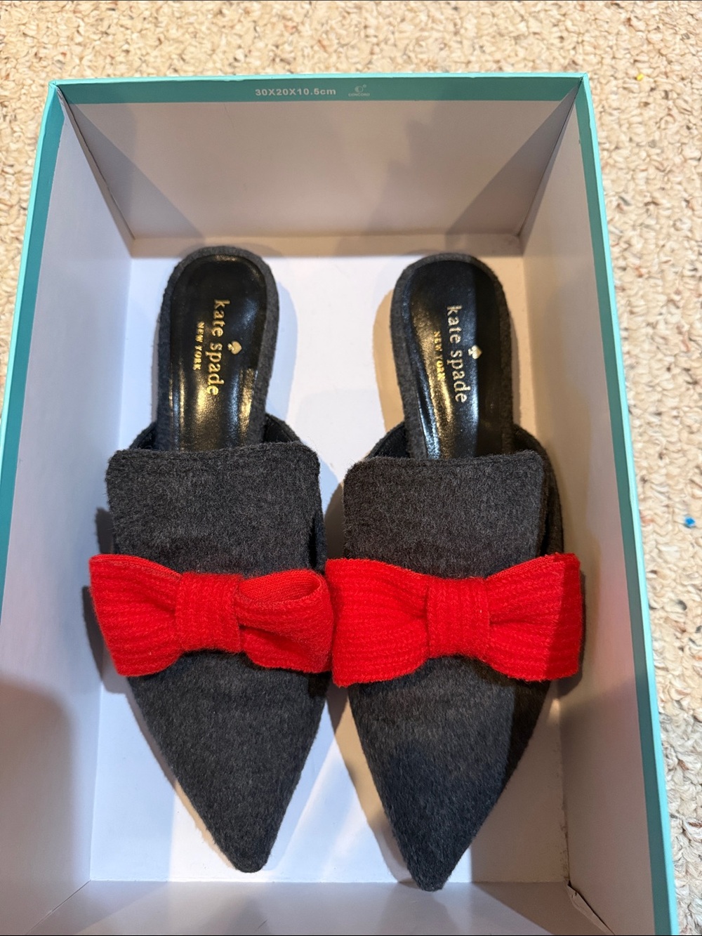 kate spade Charcoal Pointed Mules with Red Bow Accent